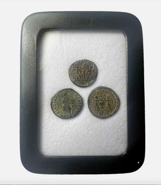 3 Genuine Uncleaned Ancient Roman Coins In Display Case