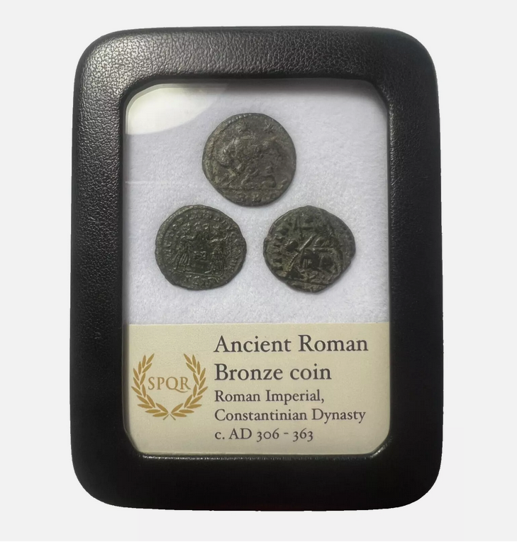 3 x Genuine Ancient Roman Coins In Display Case  - Constantinian Dynasty