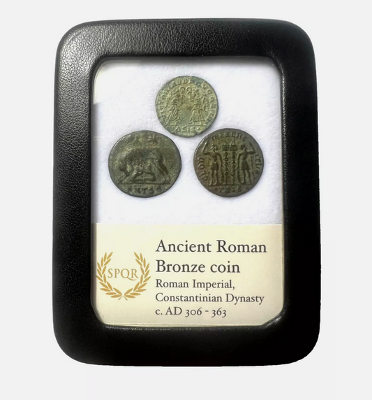 3 x Genuine Ancient Roman Coins In Display Case  - Constantinian Dynasty