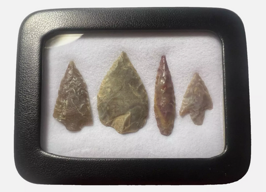 4x Stone Age Ancient Neolithic Stone Arrowheads in Display Case