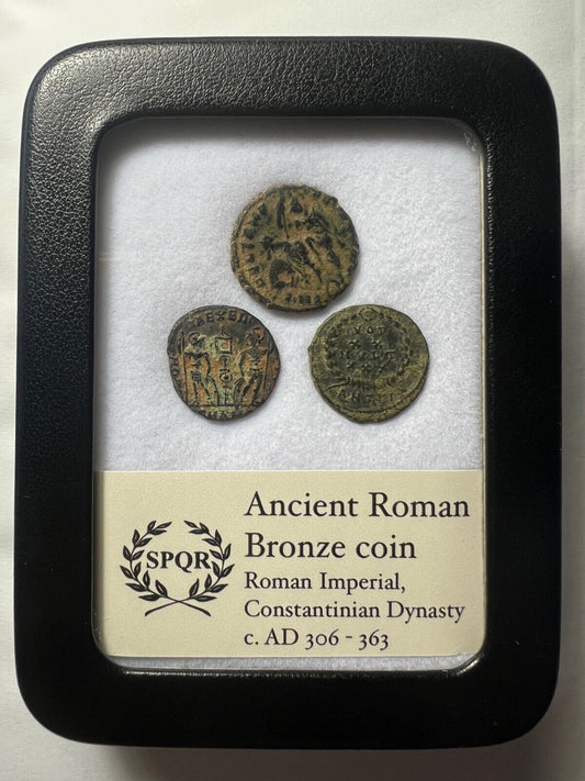 3 Genuine Uncleaned Ancient Roman Coins In Display Case